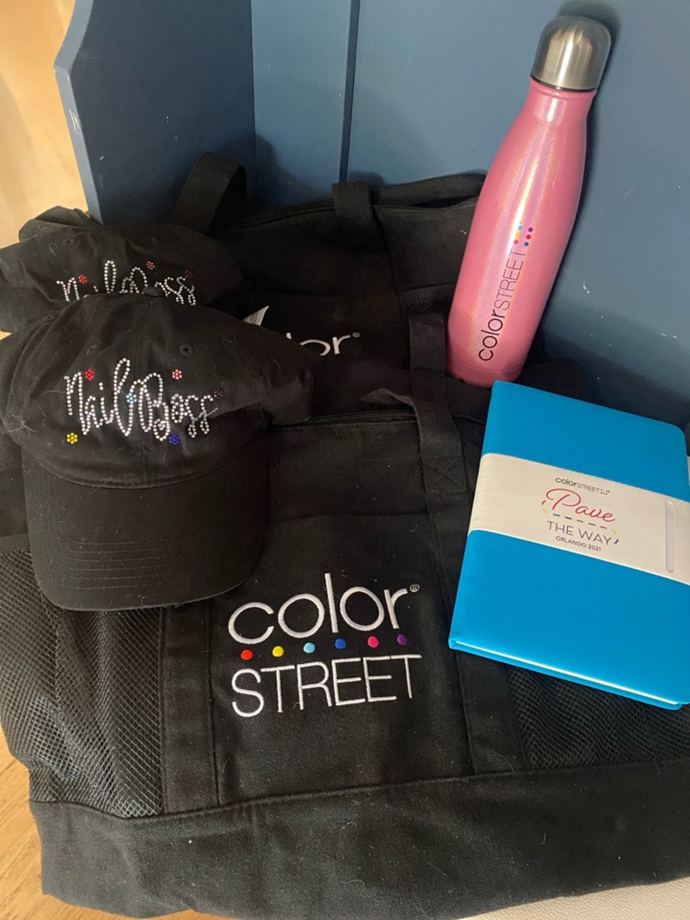 Color Street‎ Stylist Bundle- 2 Logo Totes Tumbler, Blue Notebook, & Hats❗️